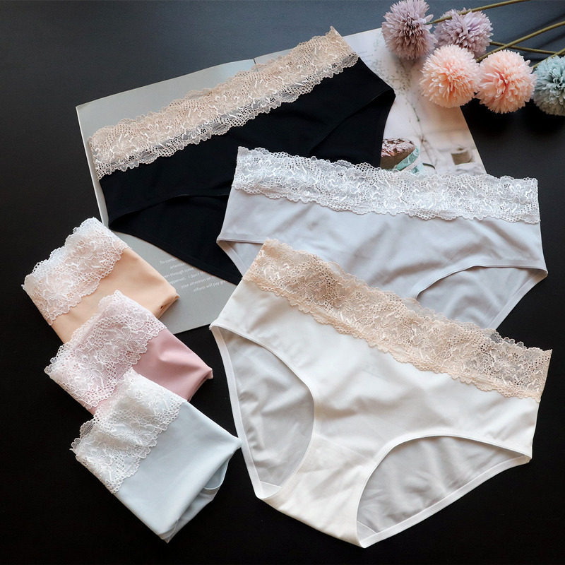 品质内裤女欧美面膜超薄女士一片式无痕蕾丝边冰丝低腰三角裤棉档