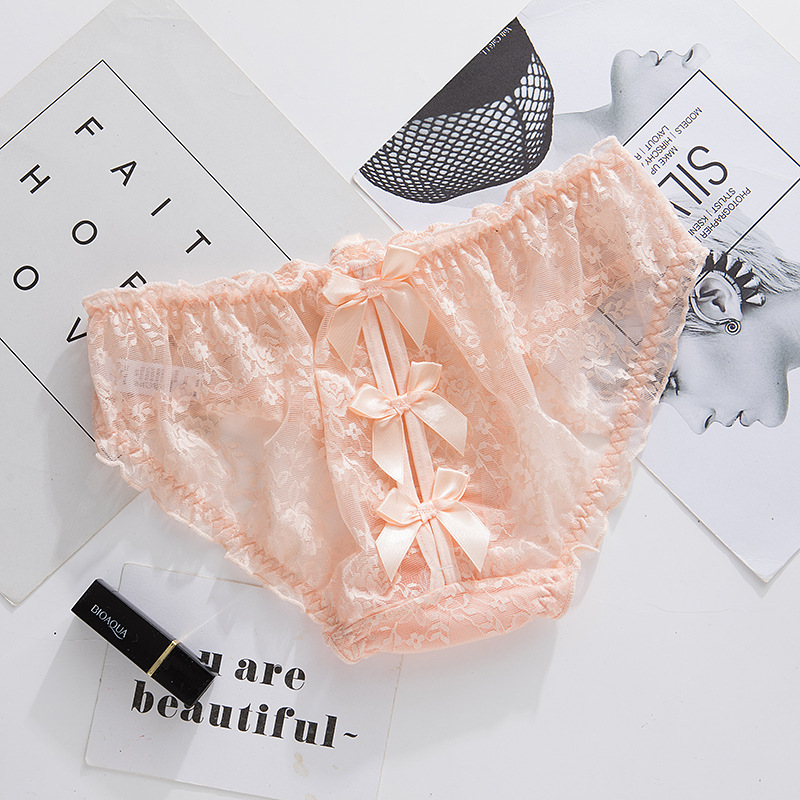 女士内裤性感蕾丝镂空后交叉蝴蝶结低腰包臀三角裤女镂空少女内内