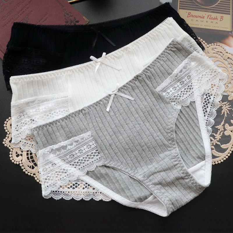 新款日系女士性感蕾丝纯棉内裤女中腰提臀舒适透气女式三角裤大码