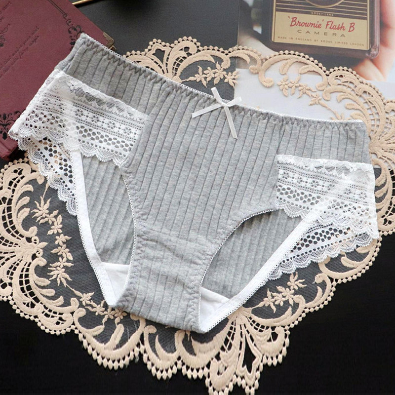 女士内裤纯棉抗菌欧美风蕾丝边透气中腰提臀收腹少女全棉三角裤