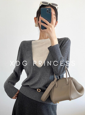 轻奢高级感！拼接撞色大U领假两件羊毛针织衫女春秋套头毛衣上衣