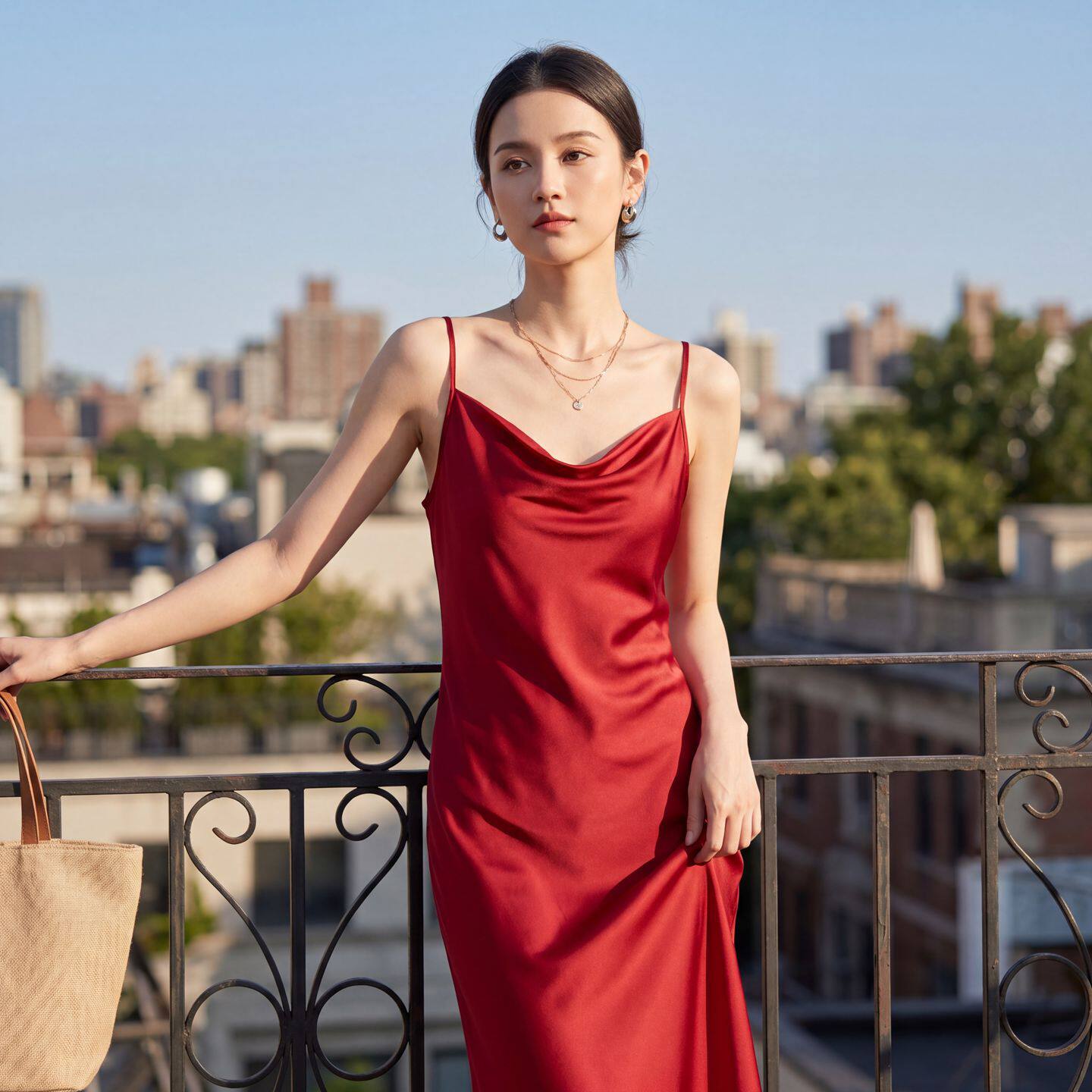 夏季法式真丝吊带连衣裙女荡领缎面气质显瘦裙子修身内搭背心裙