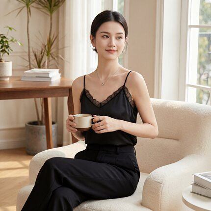 夏季真丝吊带女26新款桑蚕丝蕾丝花边缎面背心带胸垫V领性感上衣