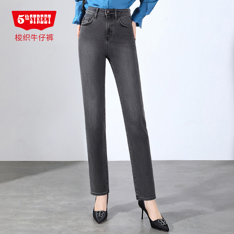 第五街5th street女装中腰修身小直筒薄绒保暖牛仔裤315622-244