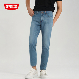 第五街秋季中腰修身牛仔裤男针织休闲简约弹力中直筒裤110112-173