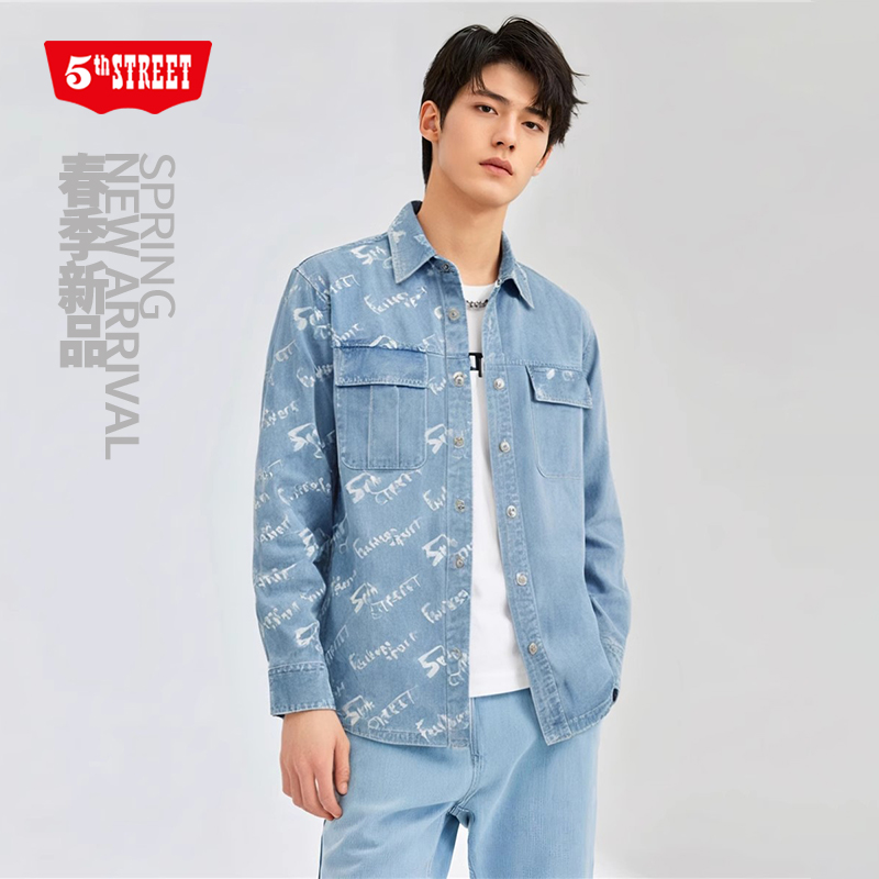 第五街方领长袖牛仔上衣