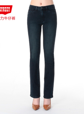 第五街秋修身中腰微喇叭针织裤女装复古弹力牛仔裤110225-203M0