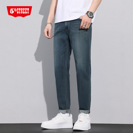 特价第五街秋季中腰牛仔裤男针织休闲简约弹力小直筒裤110112-173