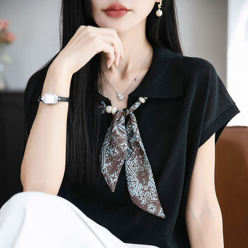 复古咖色碎花串珠丝巾项链女高级感小众毛衣链日常百搭系脖配饰