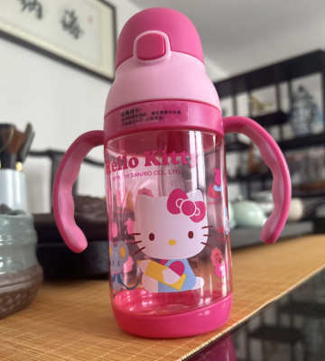 hellokitty儿童水杯女生女孩夏季塑料带刻度双手柄吸管杯学饮杯