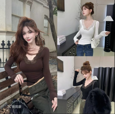 卡卡女装官方正品蕾丝拼接弹力V领秋冬T恤修身显瘦加绒打底衫上衣