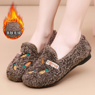 防滑豆豆鞋 秋冬加绒保暖毛毛鞋 一脚蹬休闲外穿棉鞋 女鞋 老北京布鞋