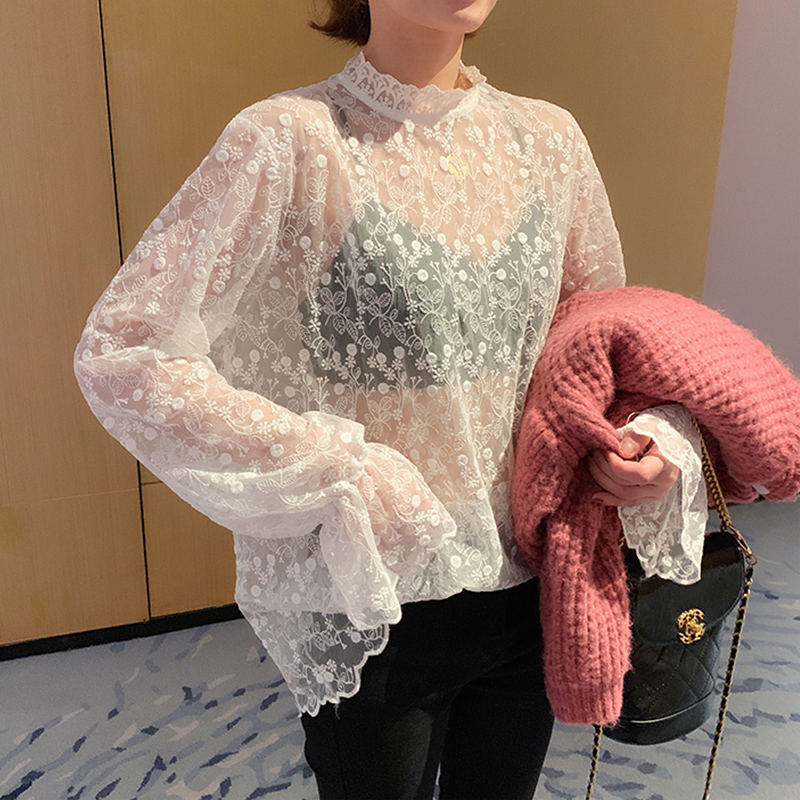欧货 女装蕾丝衫女2022秋冬胖妹妹网纱透视内搭上衣 T恤打底衫