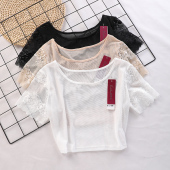 蕾丝短袖 薄纱衣夏女半截网纱打底衫 百搭内搭t恤罩衫 黑色半身短款