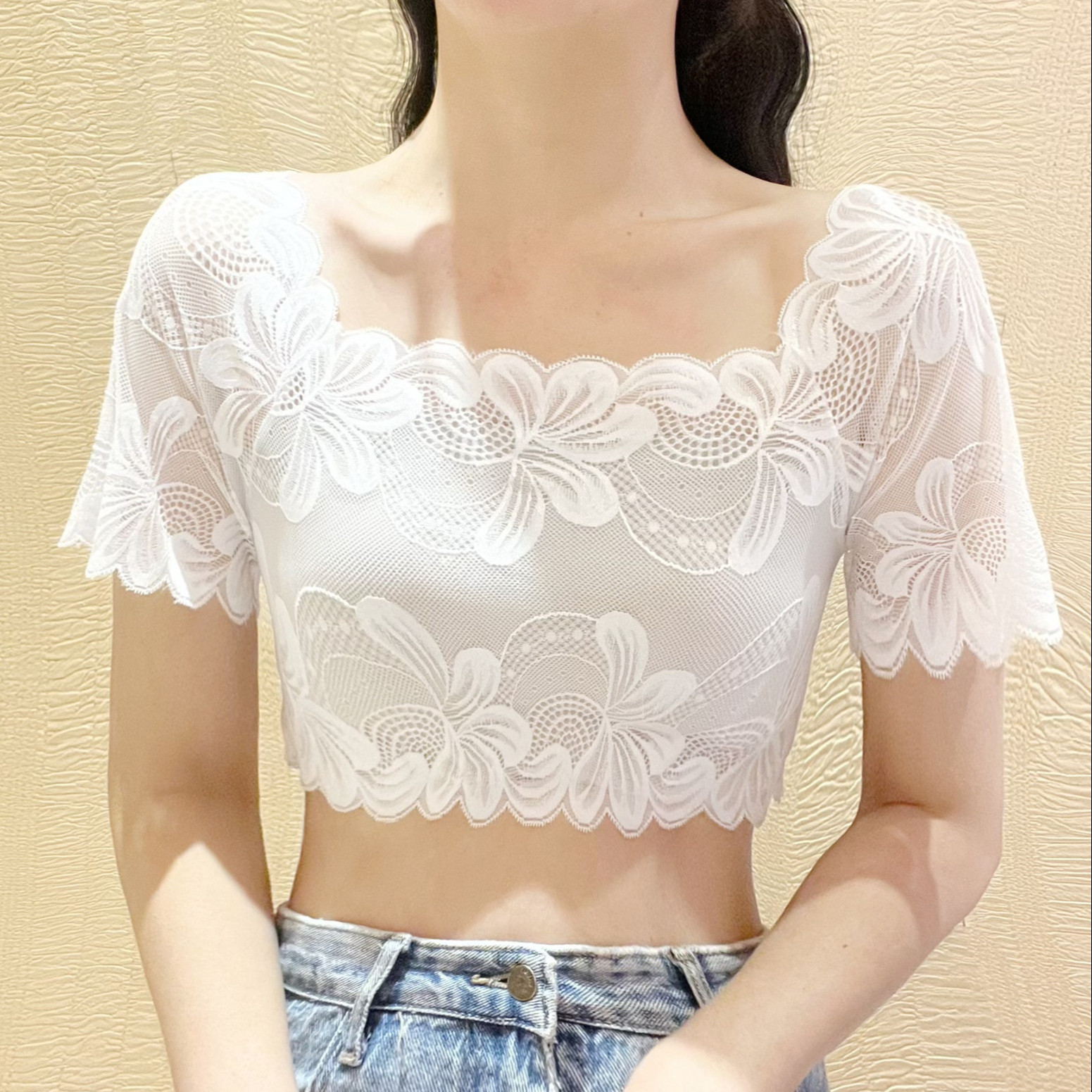 吊带裙内搭抹胸防走光背心叠穿打底衫女裹胸蕾丝花边方领短袖上衣