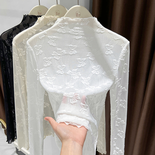 半高领网纱上衣木耳边蕾丝打底衫 女2024秋冬毛衣叠穿内搭小衫 薄款