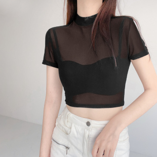 上衣半高领网纱沙体t恤女夏紧身 半截短袖 内搭薄款 透视纱衣打底衫
