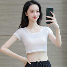透视半截网纱打底衫女短袖t恤内搭透明紧身半身薄纱短款蕾丝上衣