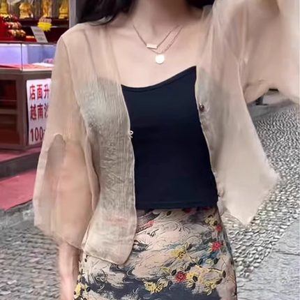 新中式轻薄雪纺防晒开衫女夏季2025新款配裙子外搭披肩宽松小外套