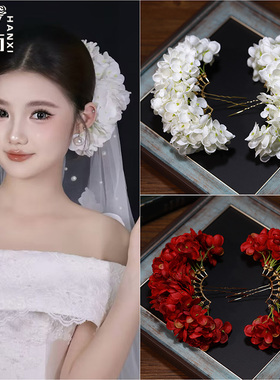 新品森系白色绣球花朵发簪新娘结婚纱头饰配饰摄影高级感百搭发饰