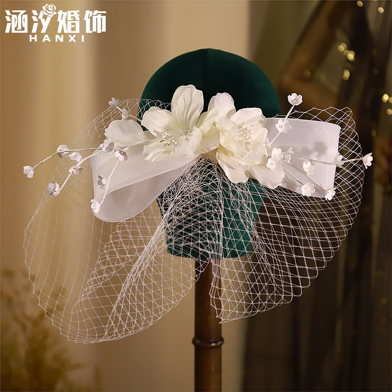 法式新款网纱花朵大蝴蝶结发夹新娘结婚婚纱头饰影楼跟妆写真配饰