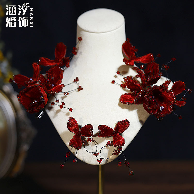 酒红色金丝绒闪钻花朵发夹