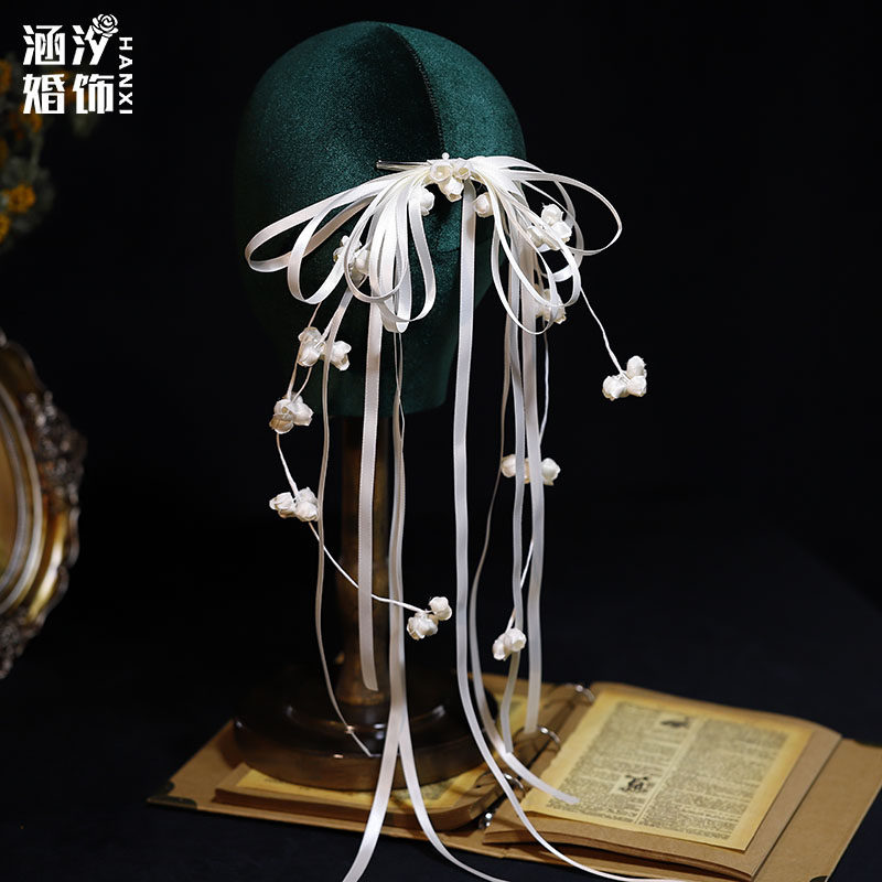 新款仙美白色丝带蝴蝶结发夹