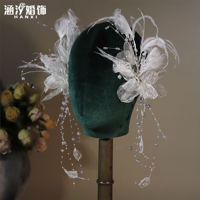 涵汐新款娟纱羽毛水晶流苏侧边夹