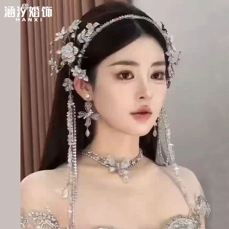 涵汐新款重工水晶流苏发箍边夹耳环项链头饰套装新娘婚纱结婚配饰