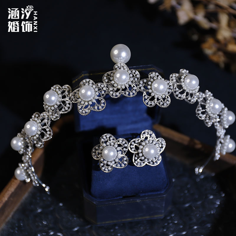 复古珍珠花朵皇冠耳环主婚纱配饰