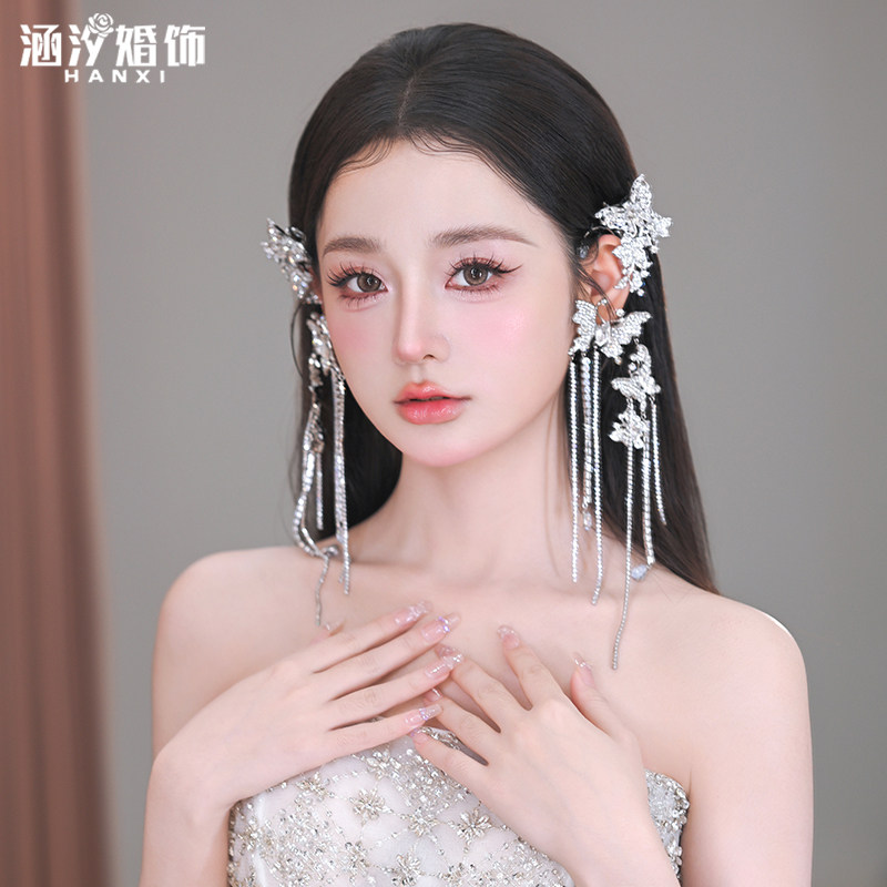 森系新款百搭高级感蝴蝶流苏耳扣耳挂新娘拍照写真影楼结婚配饰品