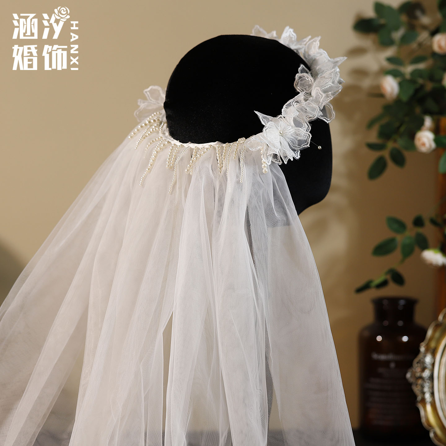 涵汐法式复古蕾丝花朵花环头纱发饰新娘婚礼浪漫婚纱影楼拍照配饰
