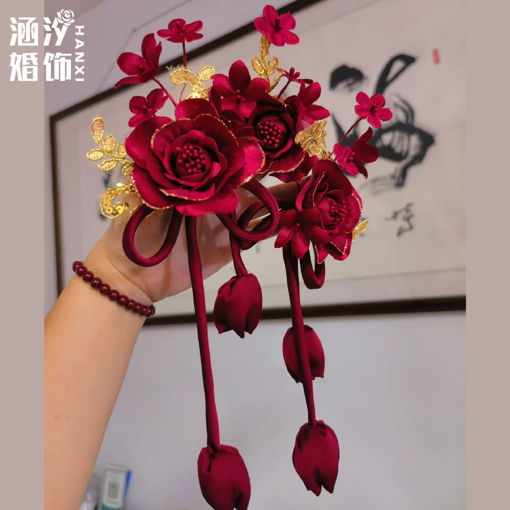 涵汐法式新娘红色蝴蝶结发夹