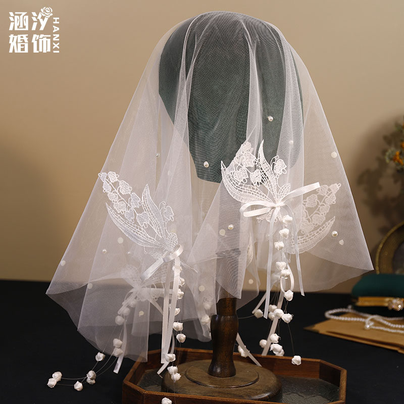 森系高级感仙美蕾丝铃兰花头纱