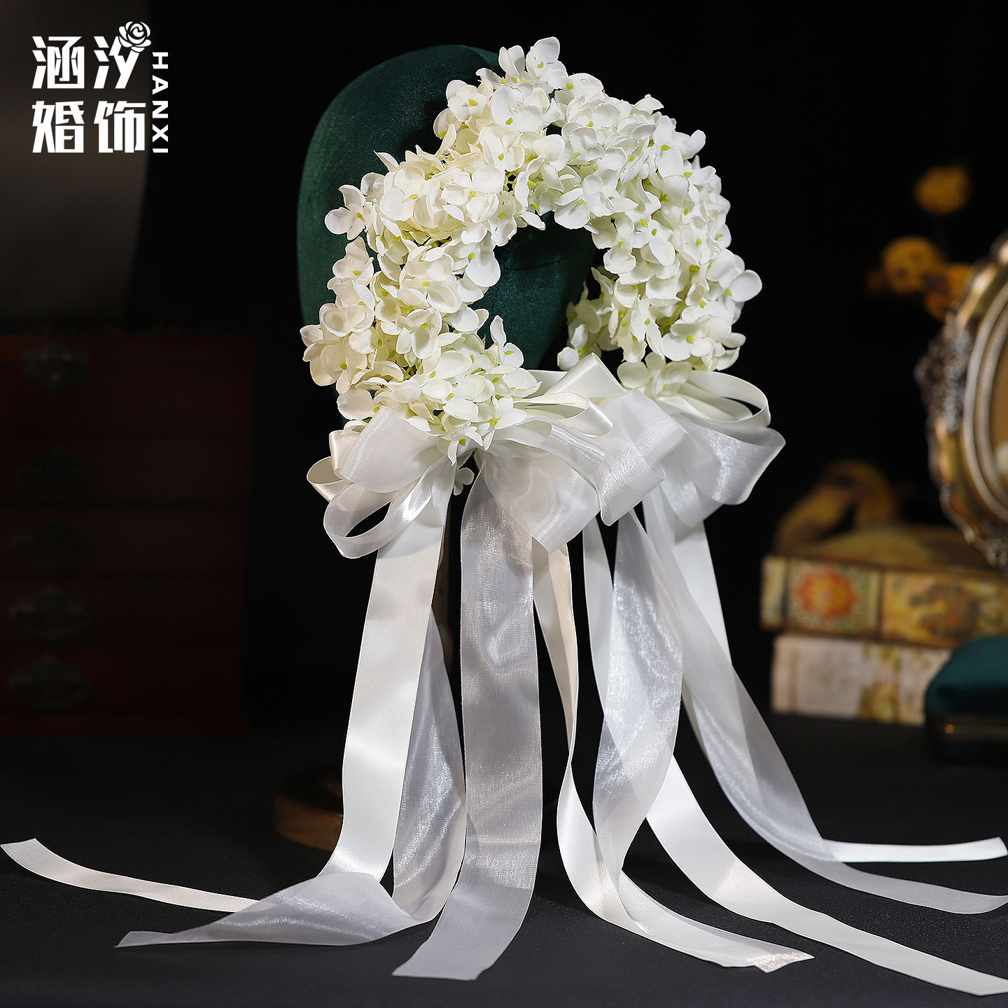 森系白色仿真花蝴蝶结新娘发夹