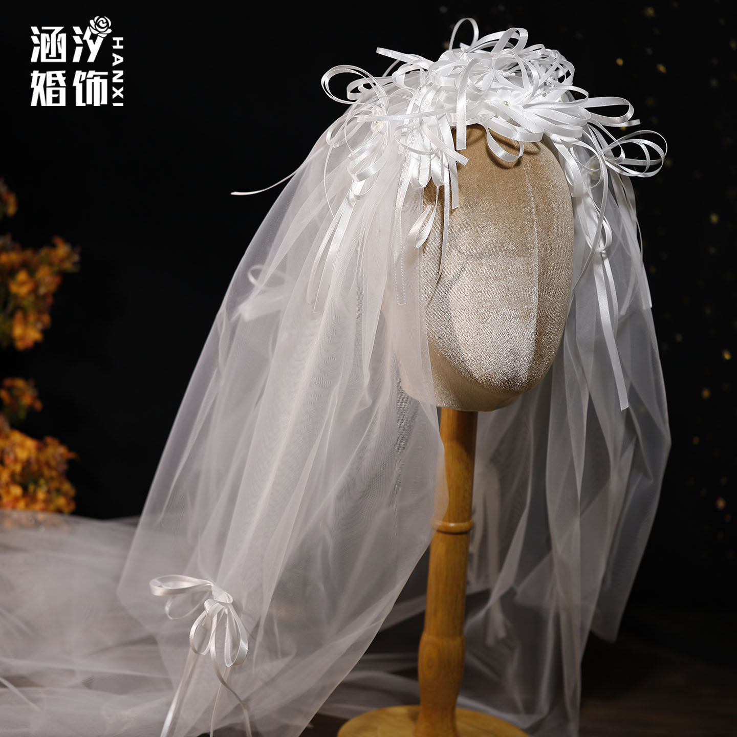 涵汐法式白色丝带蝴蝶结新娘头纱
