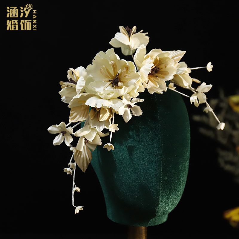 法式新款花朵森系婚纱头饰奶黄色复古新娘头花结婚跟妆造型发饰品