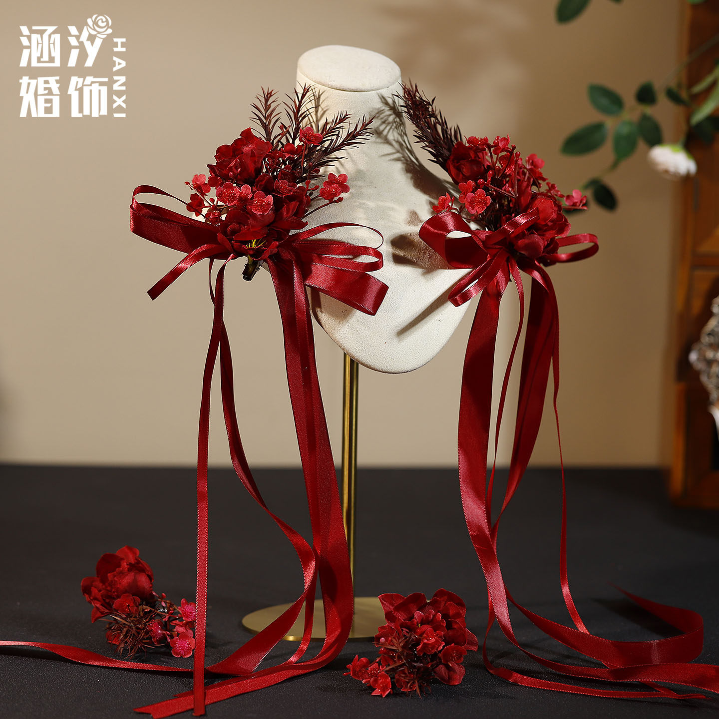 涵汐红色花朵边夹新娘发饰丝带蝴蝶结婚纱敬酒服头饰仙气百搭配饰