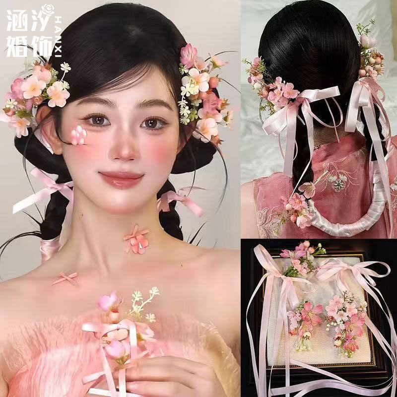 涵汐森系粉色花朵新娘发夹套装
