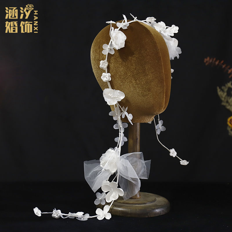 新款森系白色藤蔓长条花朵新娘盘发造型发饰花环仙气氛围感头饰品
