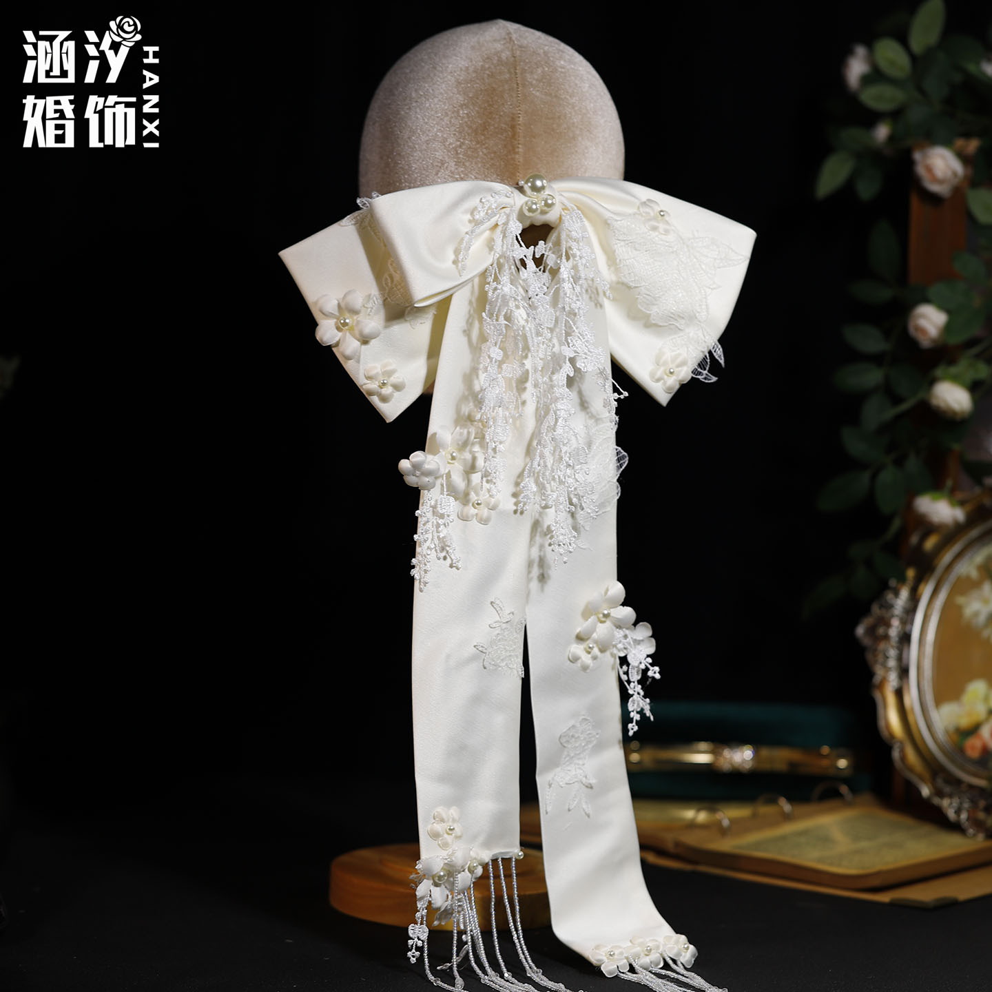 涵汐复古蕾丝大蝴蝶结新娘发夹
