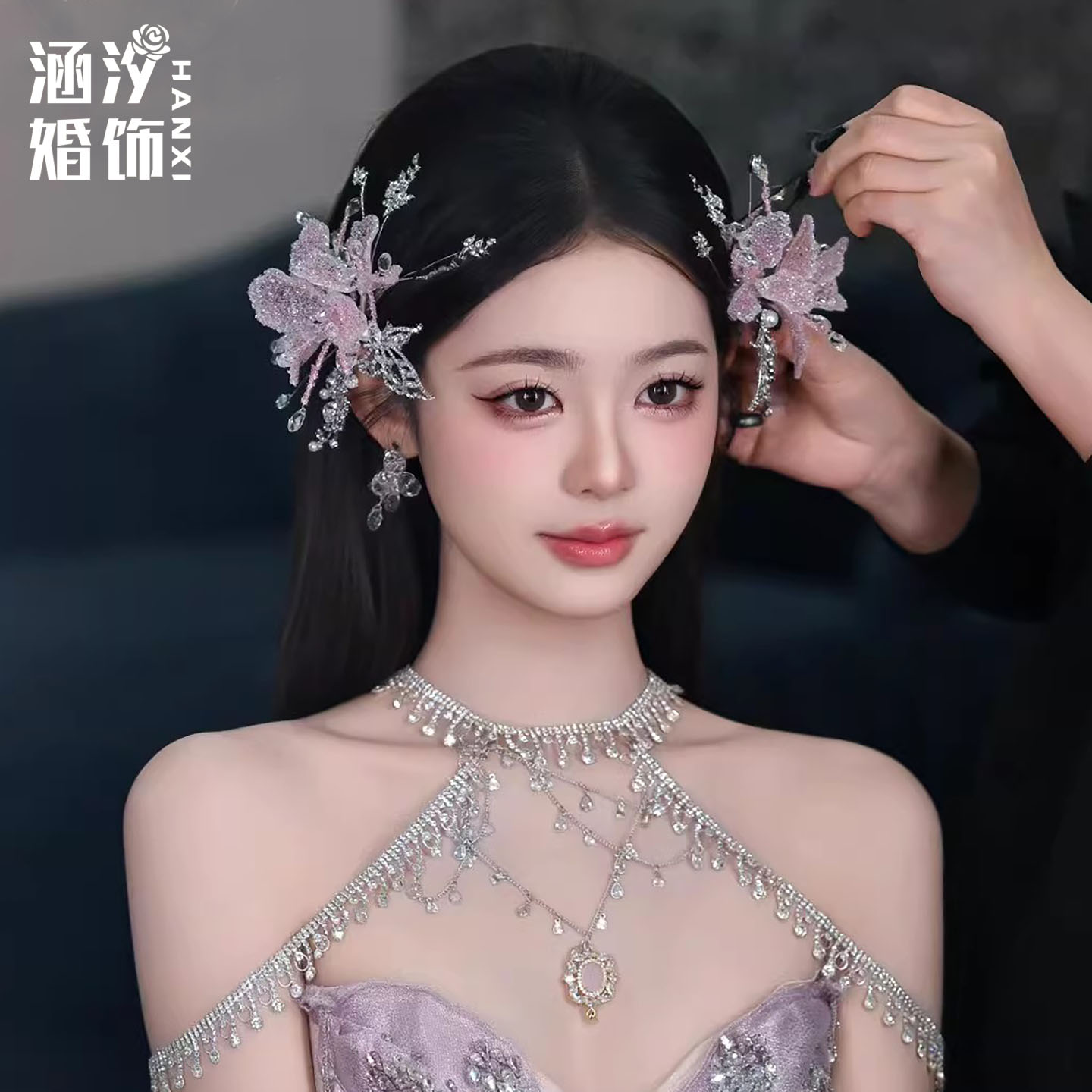 涵汐新娘粉色水晶花朵发夹头饰