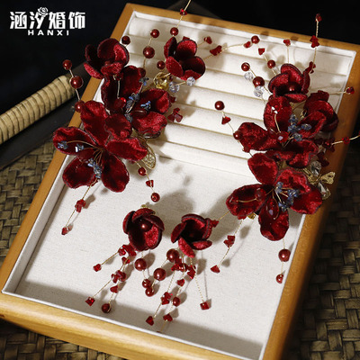 涵汐新款丝绒酒红色发夹套装头饰