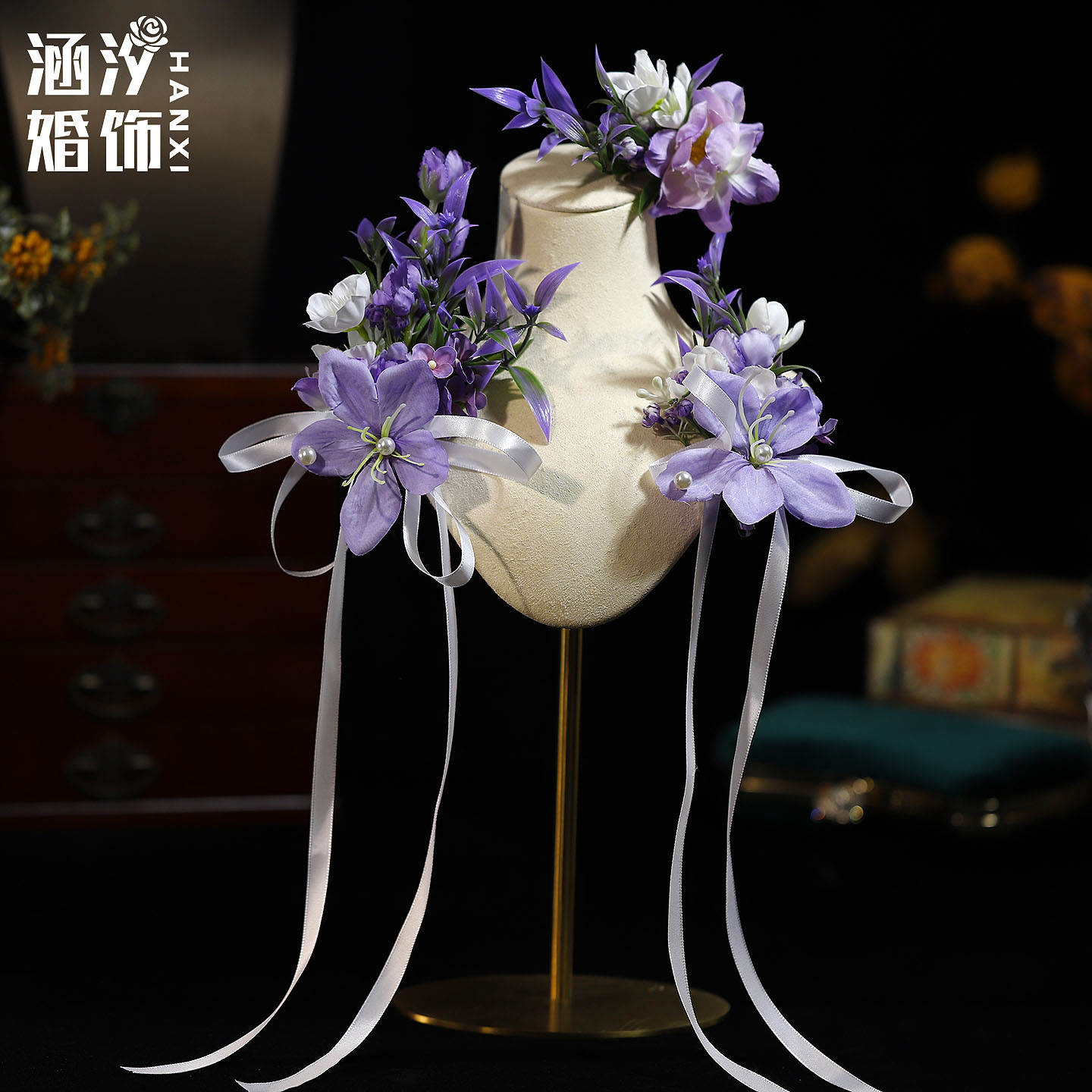 涵汐新娘紫色花朵蝴蝶结超仙发饰