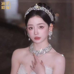 涵汐新品2025精致高端水钻发箍皇冠耳饰项链主婚纱礼服套装头饰
