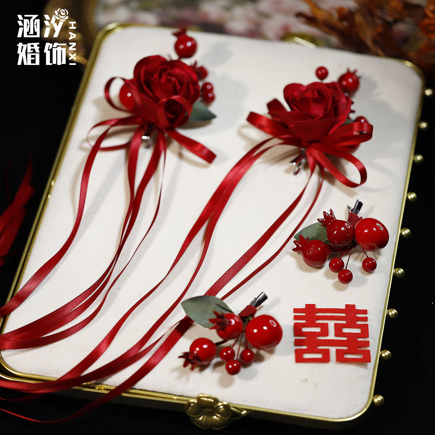 新款国风红色花朵果子丝带蝴蝶结发夹新娘结婚头饰氛围感晨袍发饰