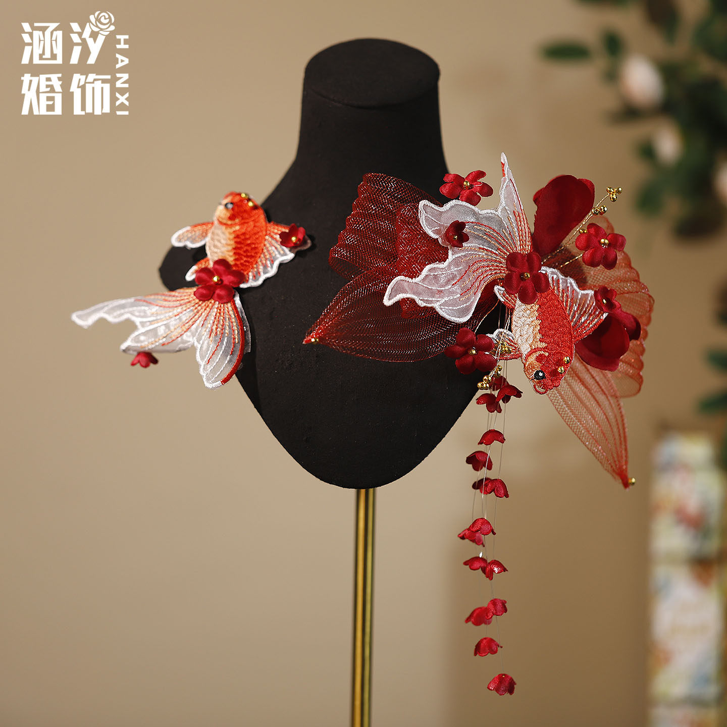 新中式新娘红色铃兰锦鲤流苏发夹