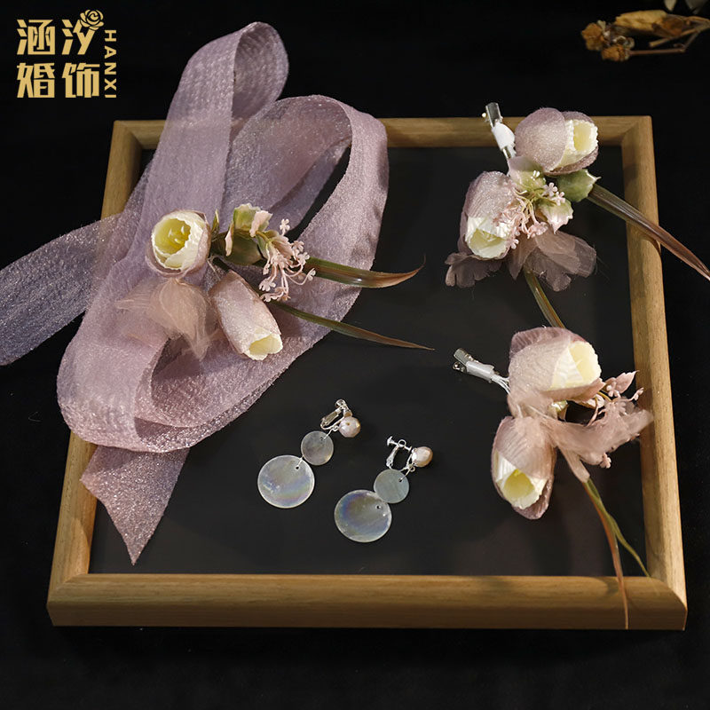 超仙紫粉色郁金香仿真花发夹盘发头花头饰新娘结婚晨袍跟妆配饰品