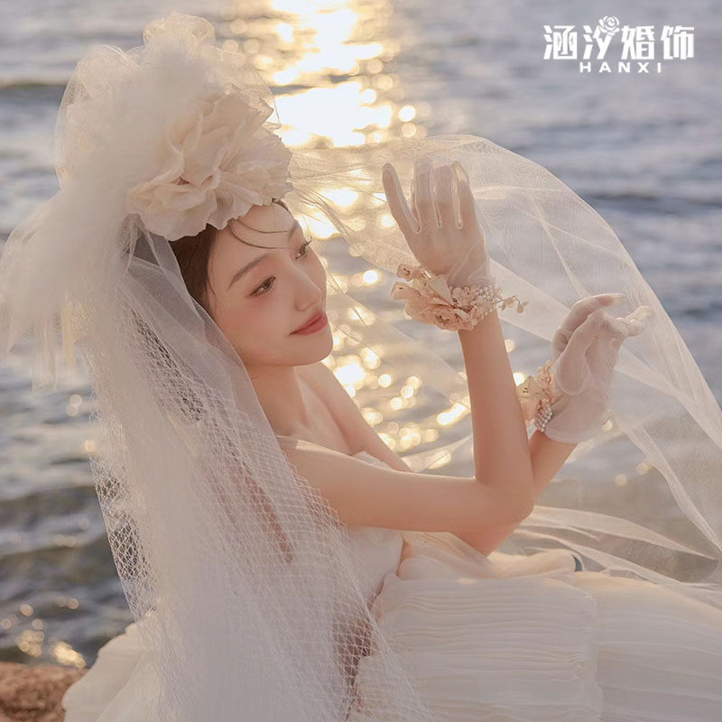 涵汐新款绢丝花朵蓬蓬头纱手套