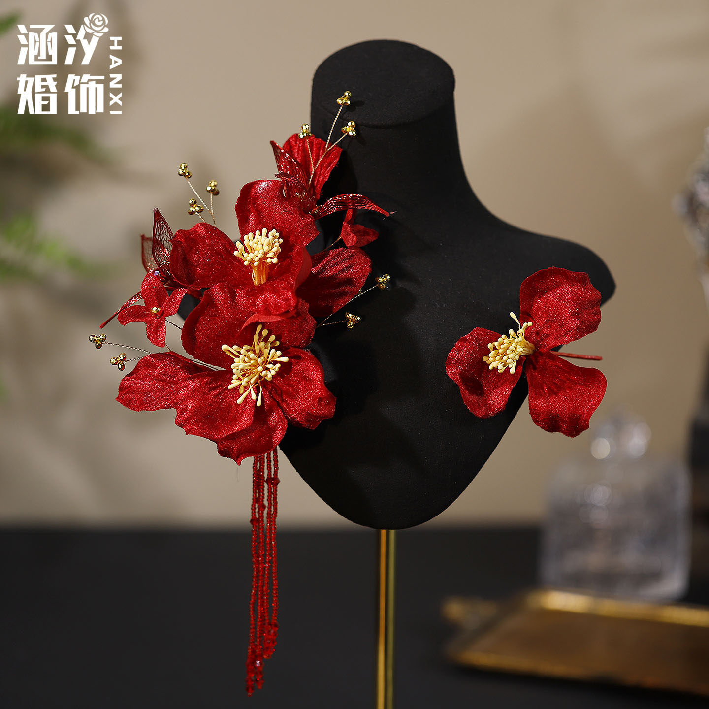 新中式新娘头饰红色花朵流苏发饰